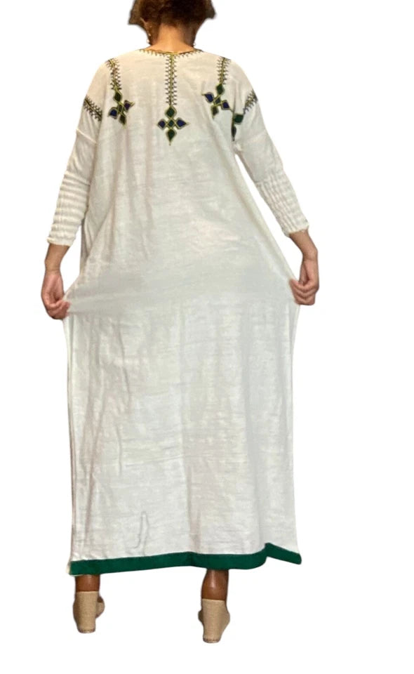Traditional Habesha Kemis – White with Green Cross Embroidery