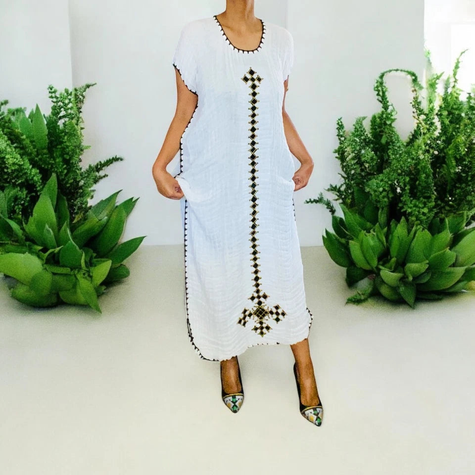 Traditional Ethiopian Habesha Kemis – White with Black & Gold Tibeb