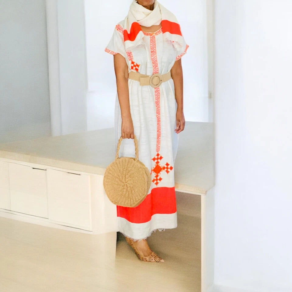Traditional Ethiopian Dress – Orange Tibeb Sleeveless Kemis