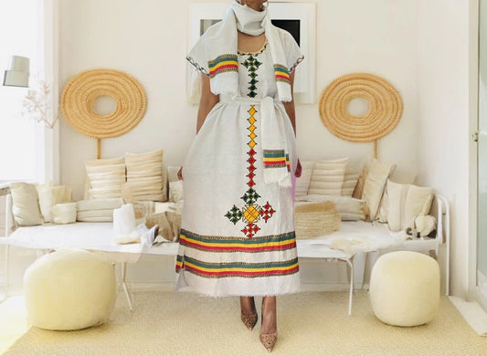 Traditional Ethiopian Dress – Multicolor Tibeb Habesha Kemis