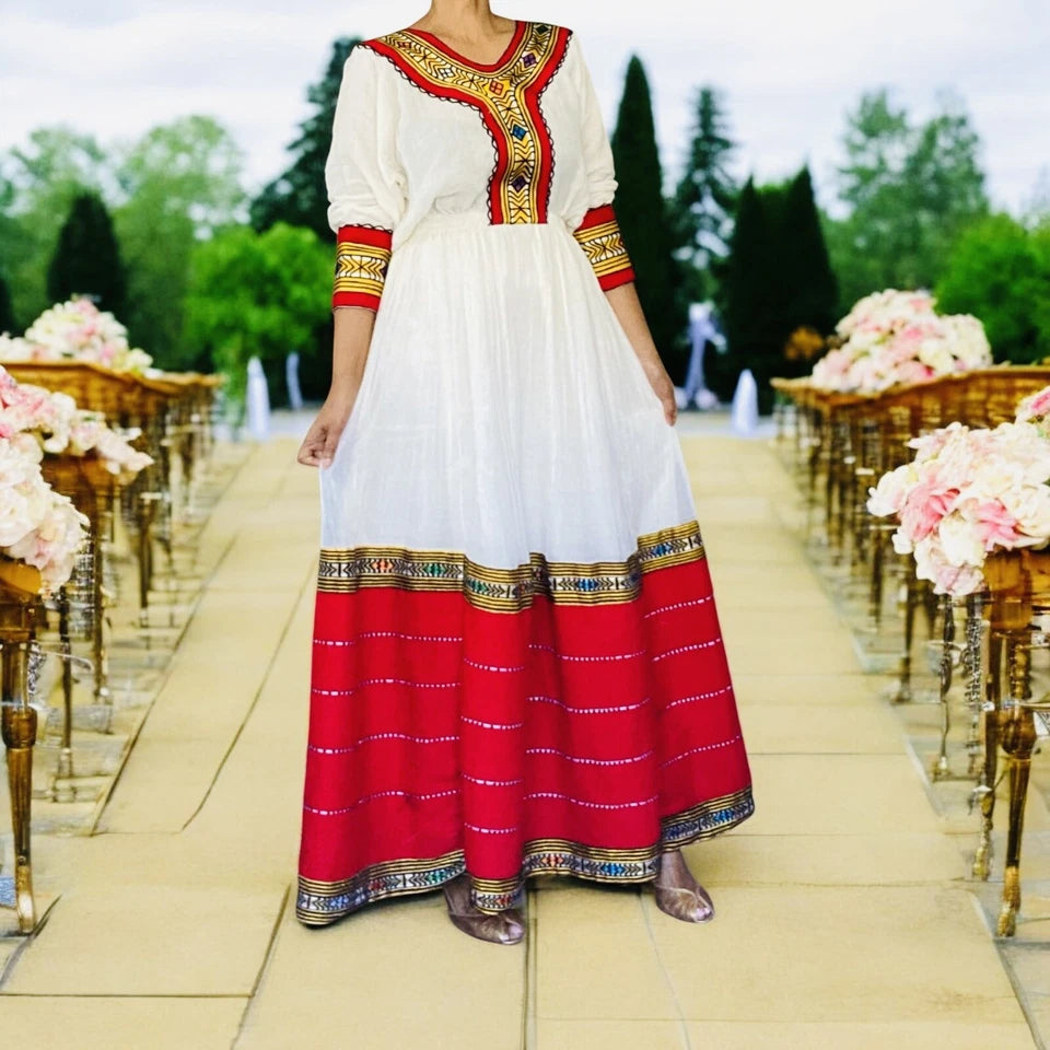 Premium Ethiopian Traditional Dress – Red Tiered Habesha Kemis