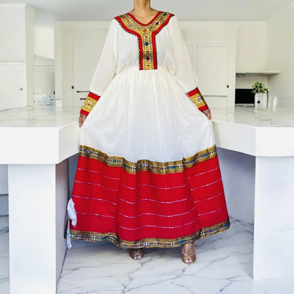 Premium Ethiopian Traditional Dress – Red Tiered Habesha Kemis