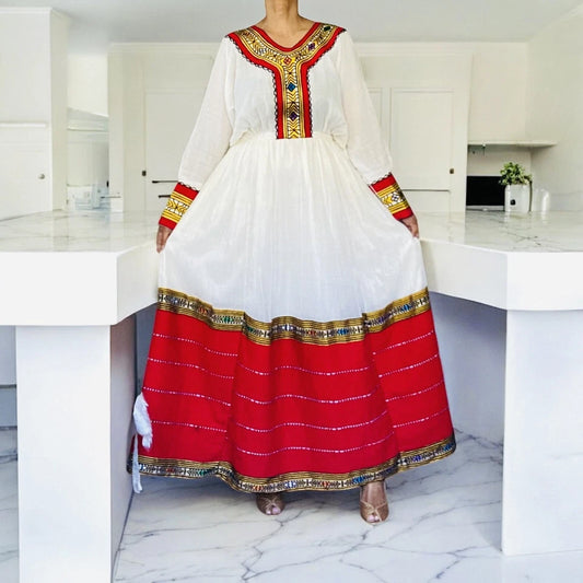 Premium Ethiopian Traditional Dress – Red Tiered Habesha Kemis