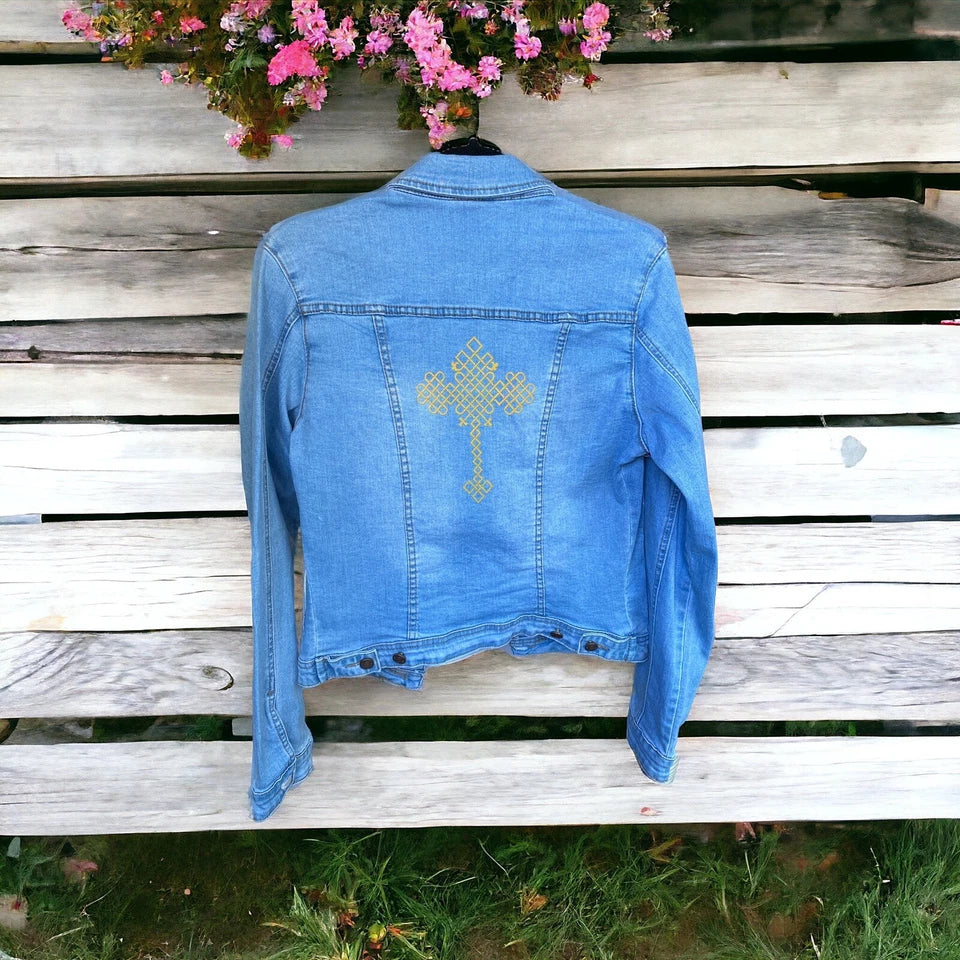 M Ethiopian cross design art denim jacket
