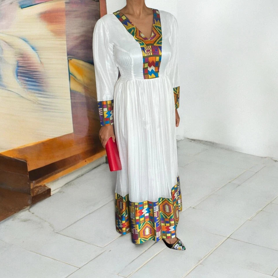 Luxury Traditional Ethiopian Dress – White with Colorful Embroidery
